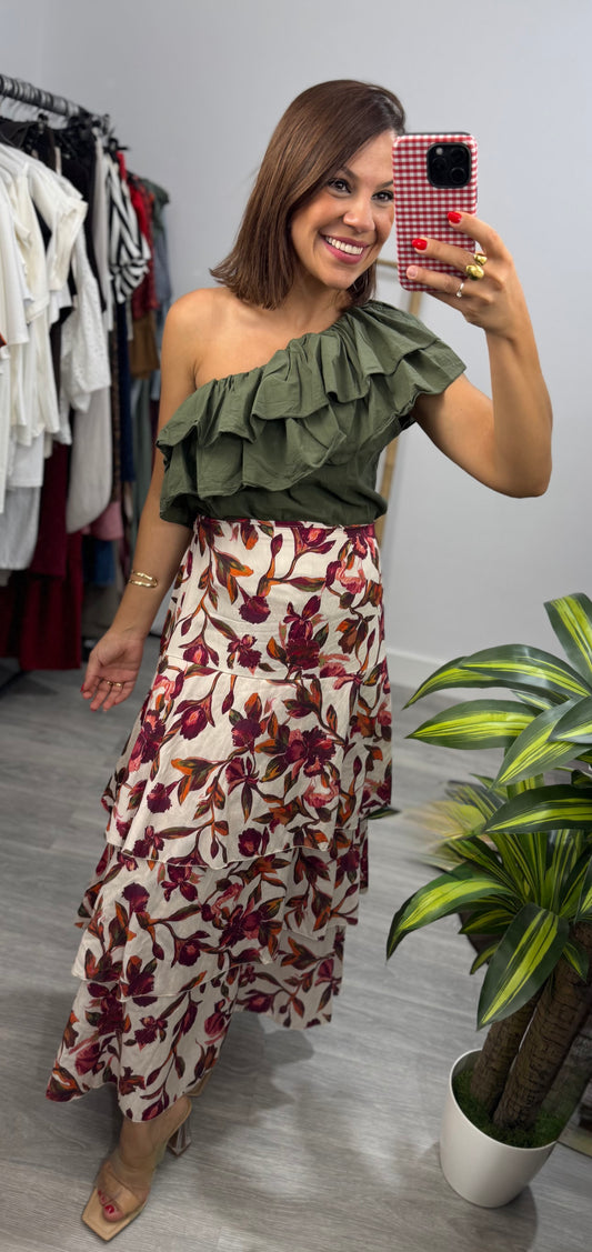 Falda con volantes estampada color blanco roto