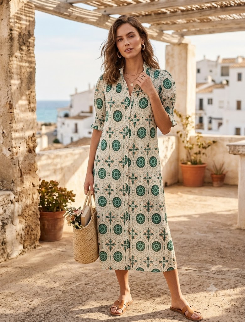 Vestido Manga Frunce Verde