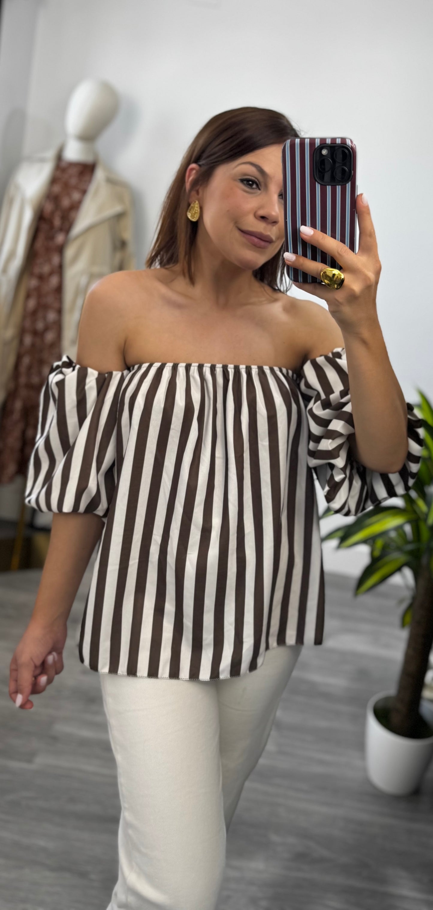 Blusa de rayas marrón