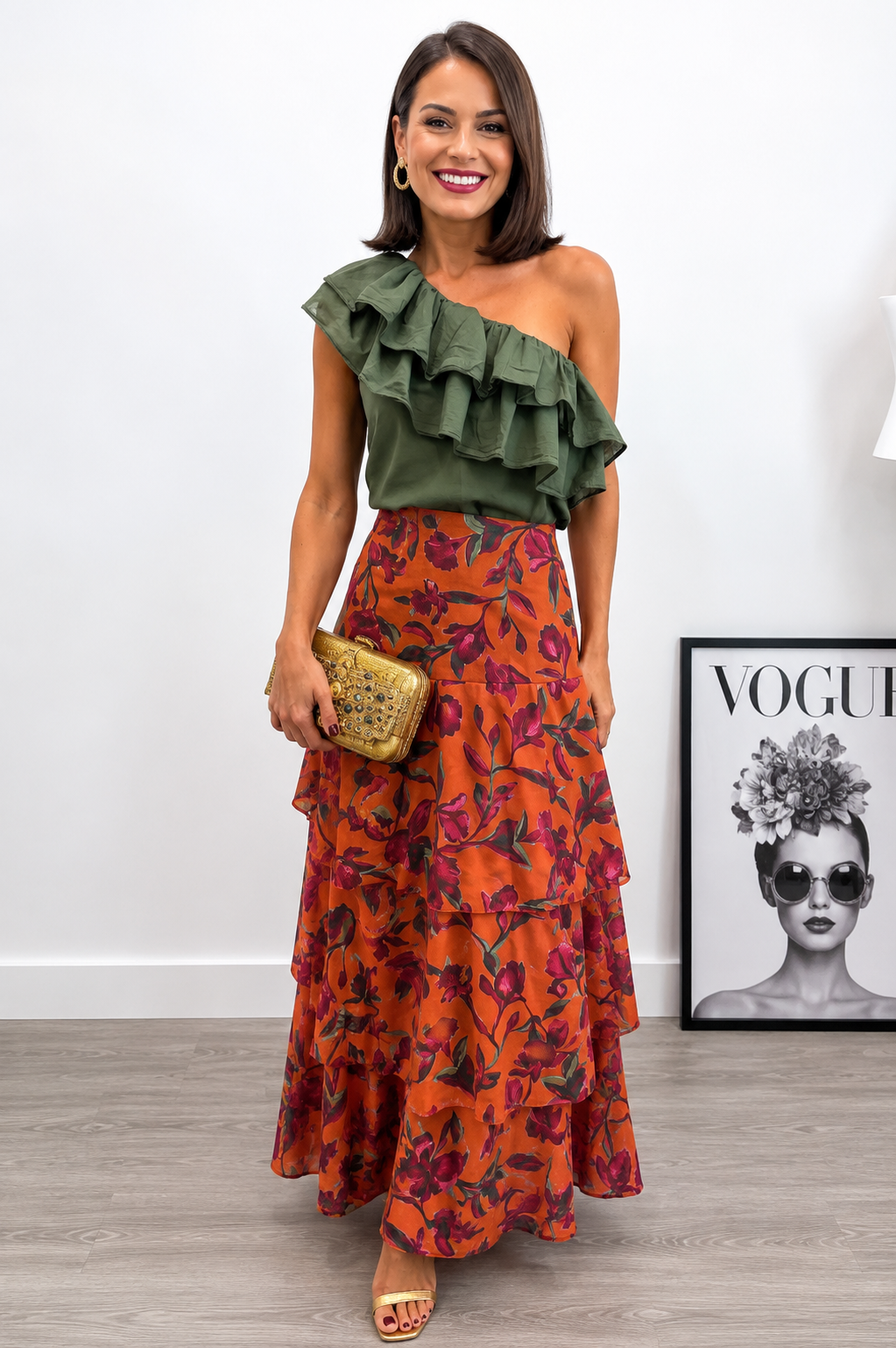 Falda con volantes estampada color naranja