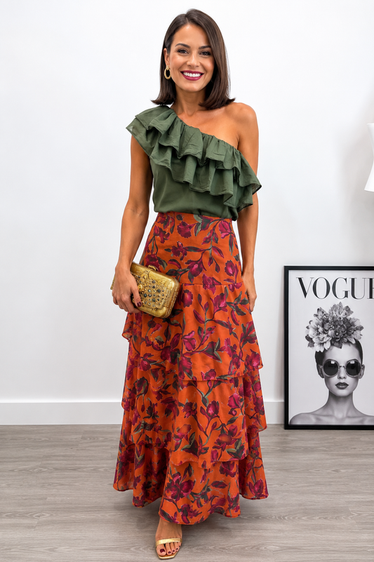 Falda con volantes estampada color naranja