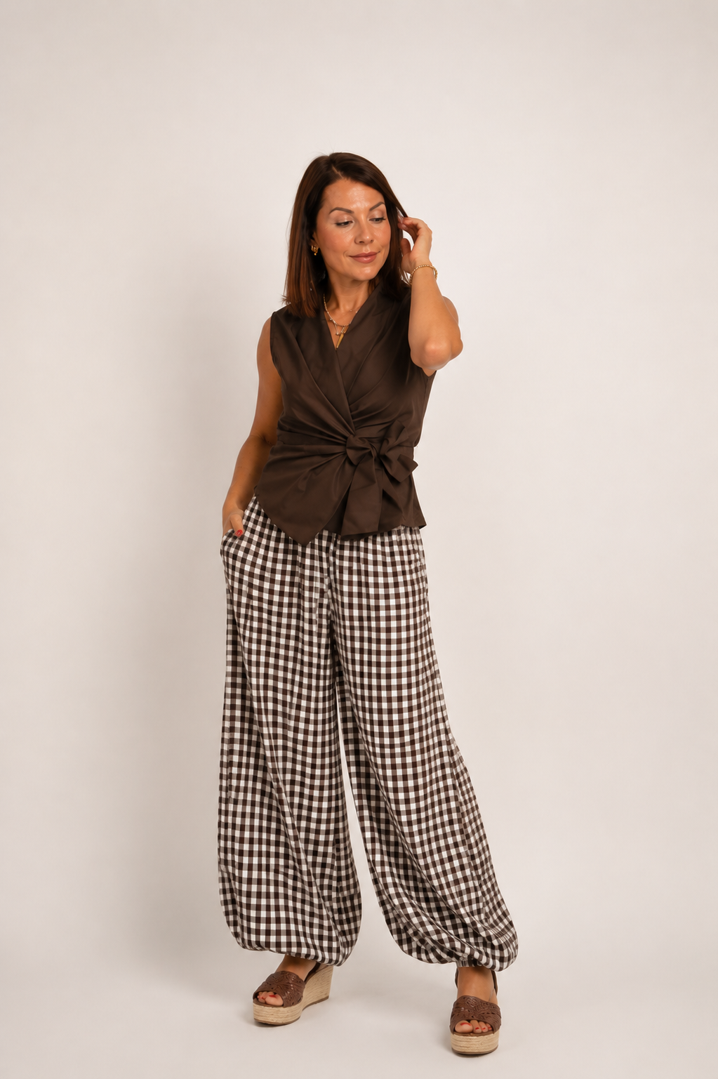 Pantalón Vichy Bombacho marrón