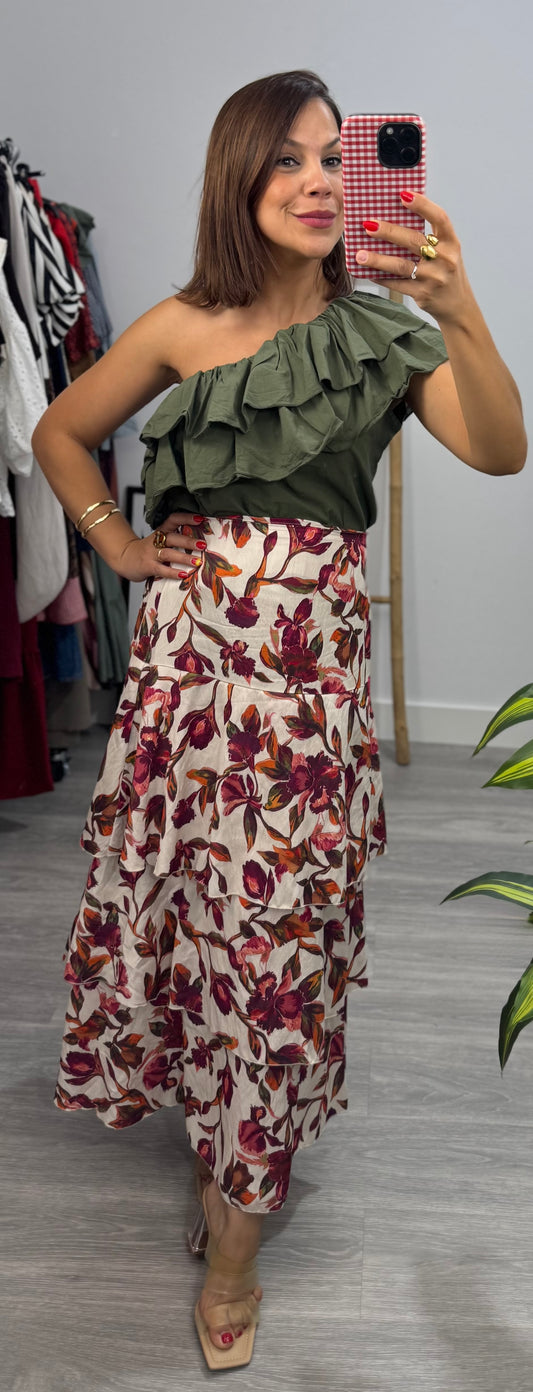 Falda con volantes estampada color blanco roto